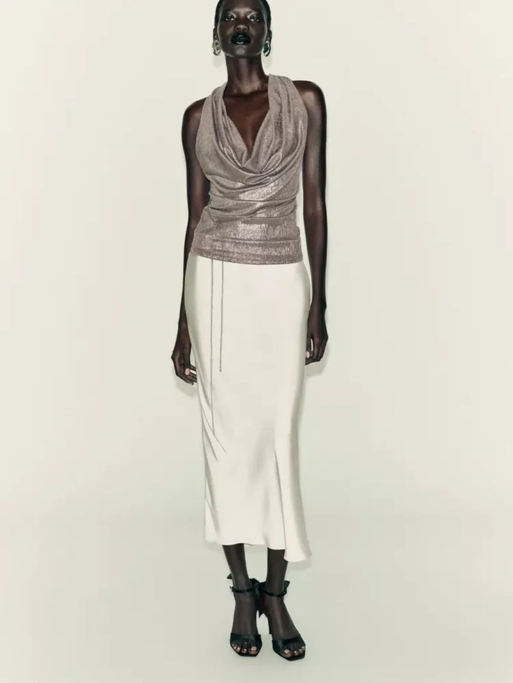 Zara Metallic Taupe Halter Draped Cowl Neck Top - Picture 2 of 8